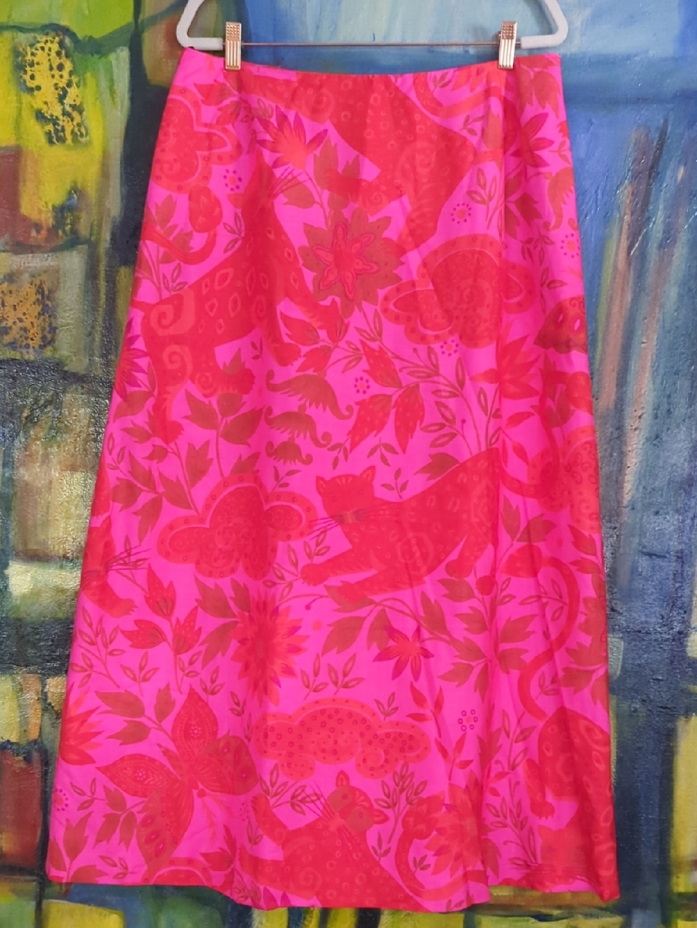 VINTAGE SILK - 1970's Fuschia Silk Cat Print Maxi Skirt